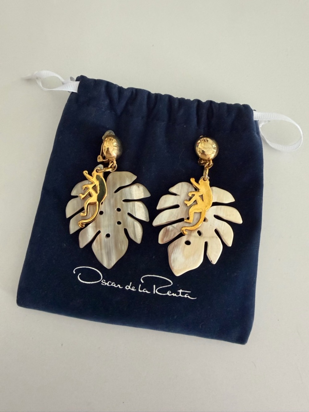 Oscar de la Renta Gold and Ivory Monstera Leaf Drop Earrings with Lizard Accent